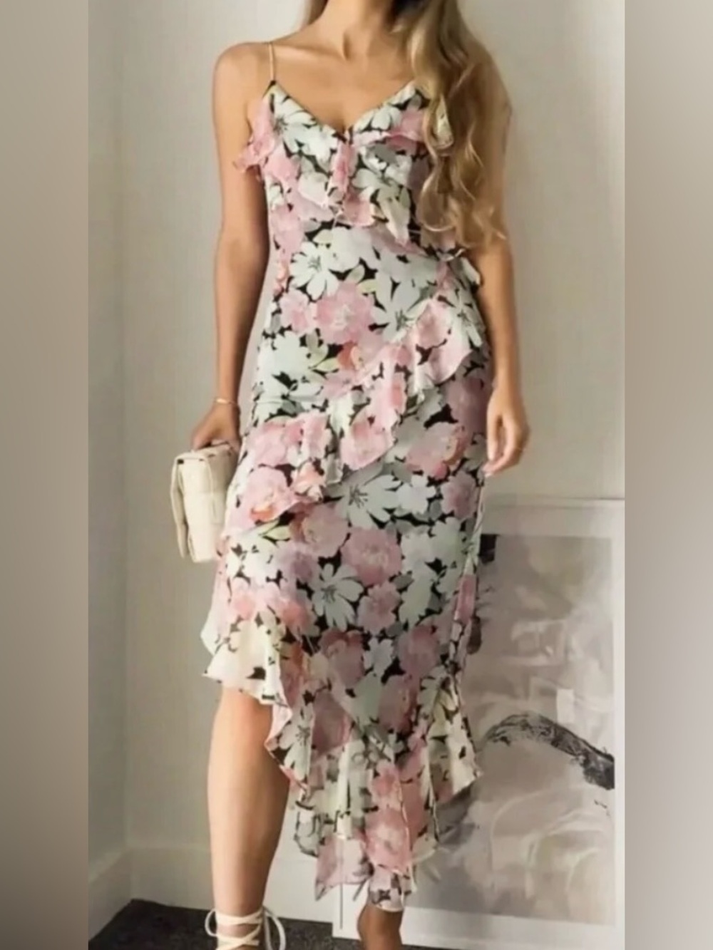 Zara Floral Midi Dress Ruffle Asymmetrical Multi Pink Black Cocktail Womens XS